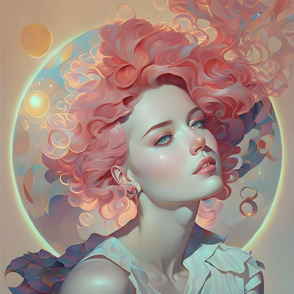 Portrait of Woman with Coral-Pink Hair and Celestial Orbs