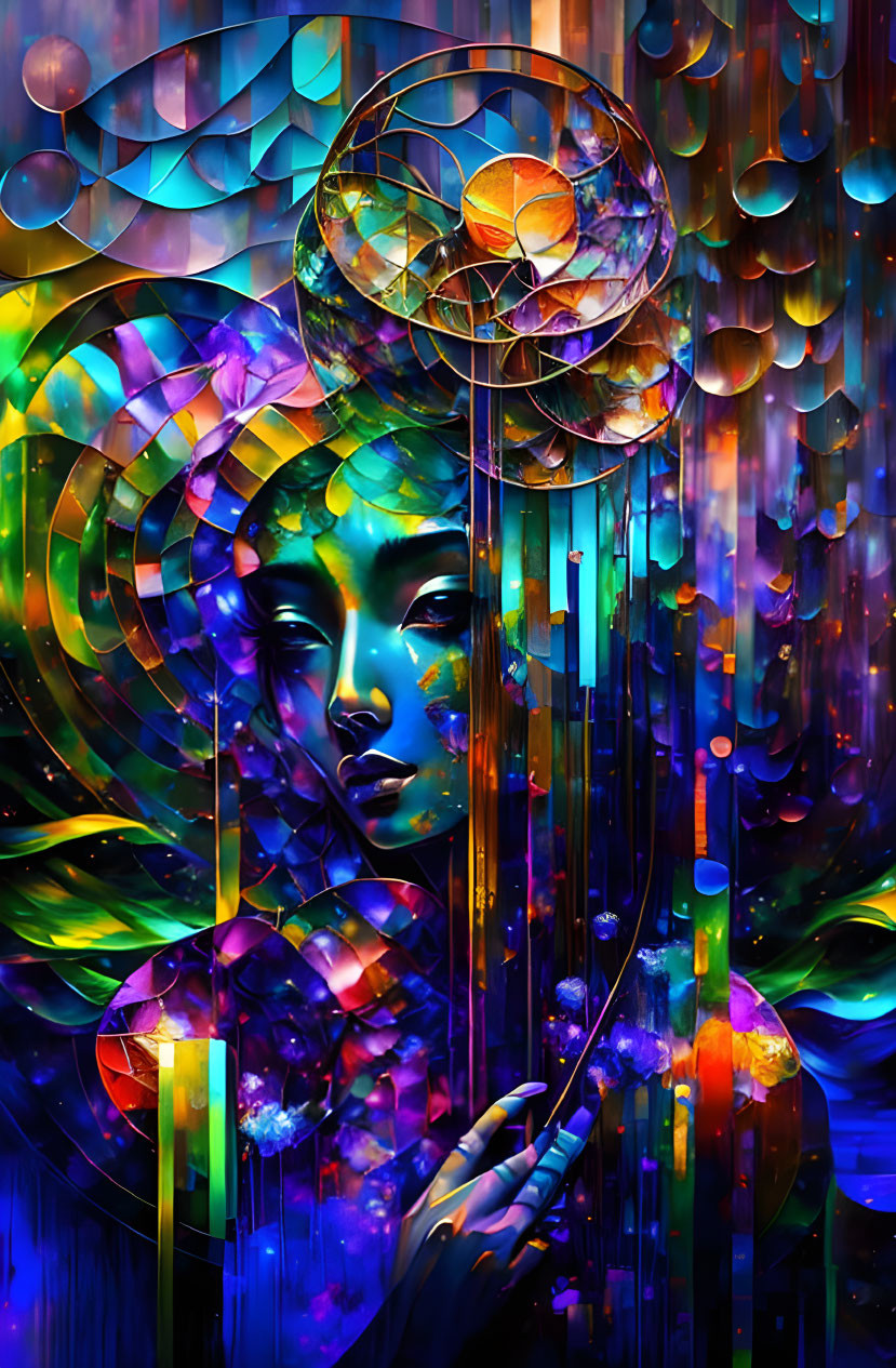 Colorful abstract artwork: Blue-faced figure, geometric shapes, flowing lines, celestial orbs.