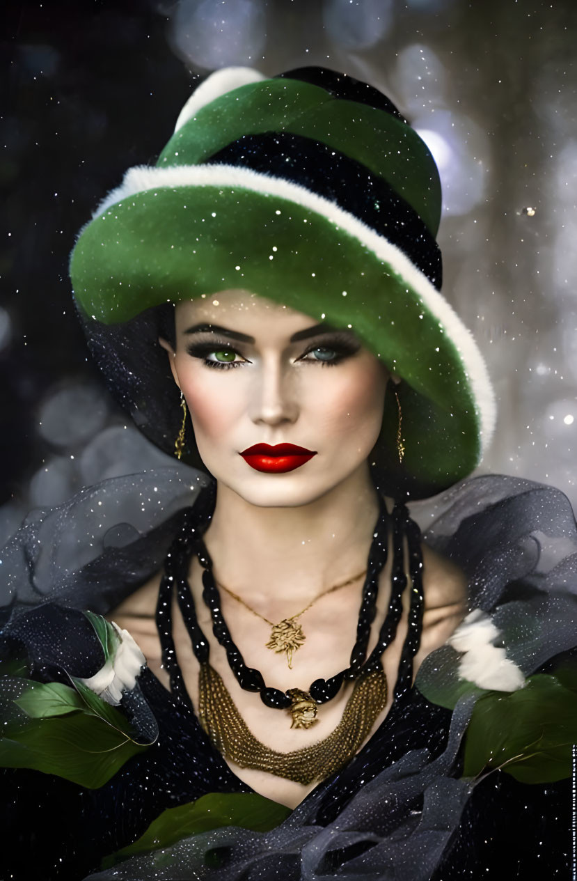 Stylish figure in green hat, red lipstick, layered necklaces, against sparkly backdrop