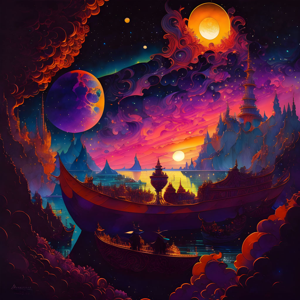 Whimsical nighttime landscape with multiple moons and pagodas