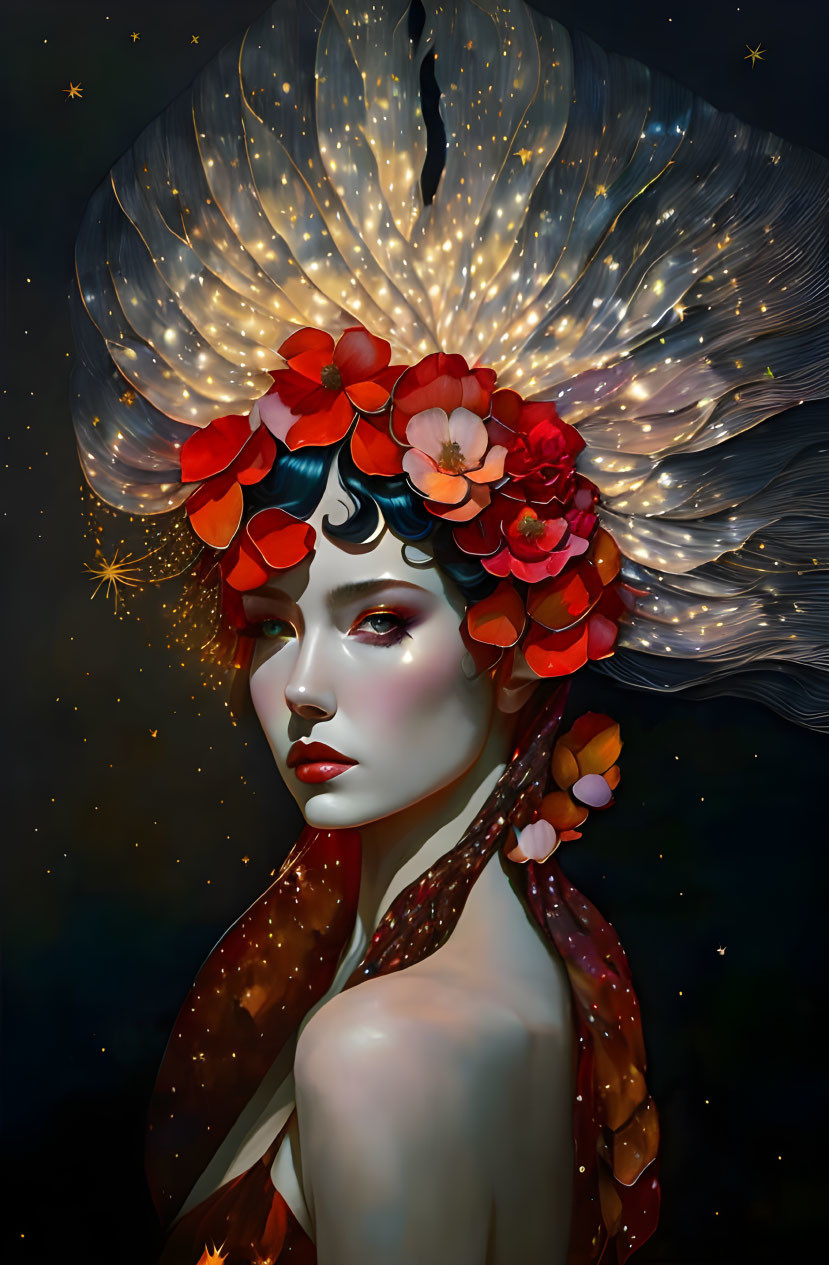 Digital Art: Woman with Red Flower Headdress and Star-Like Lights