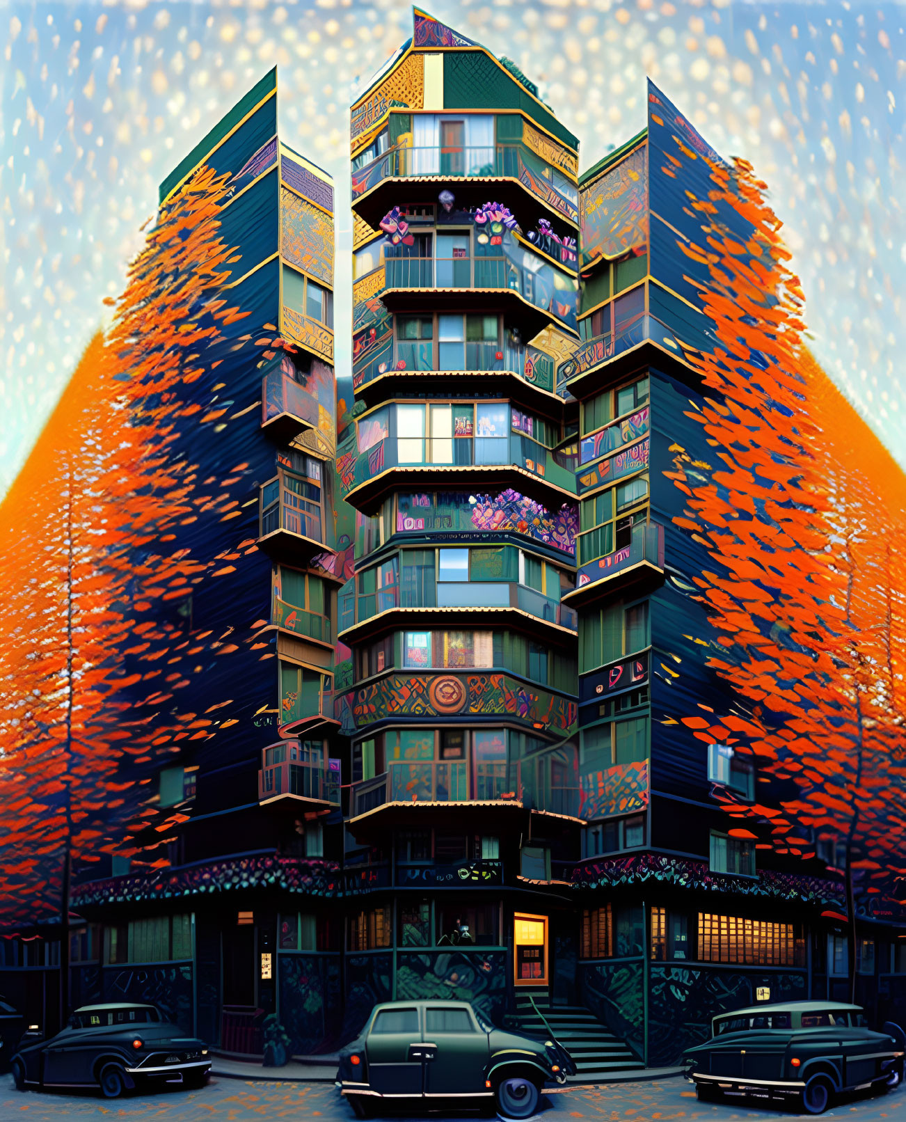 Colorful multi-story building with traditional architecture, balconies, vintage cars, and leafy backdrop.