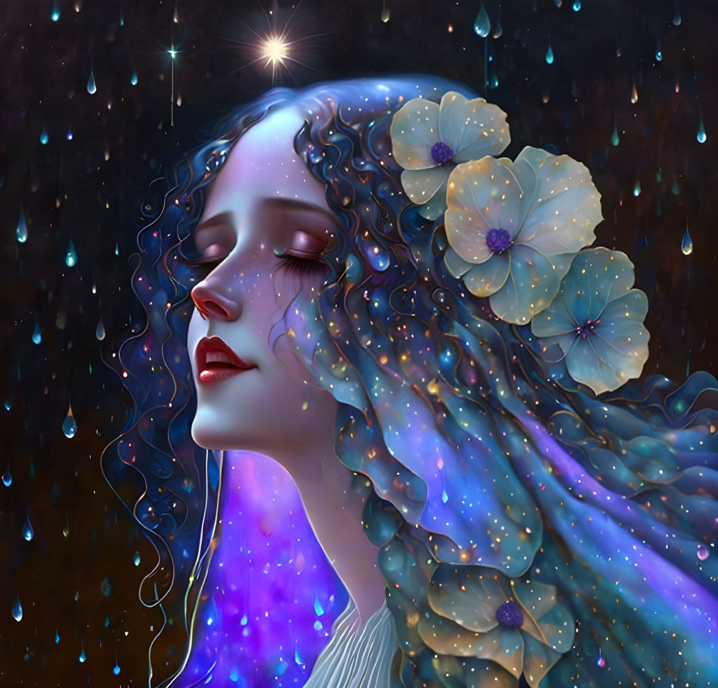 Illustration of woman with flower hair in cosmic raindrops.