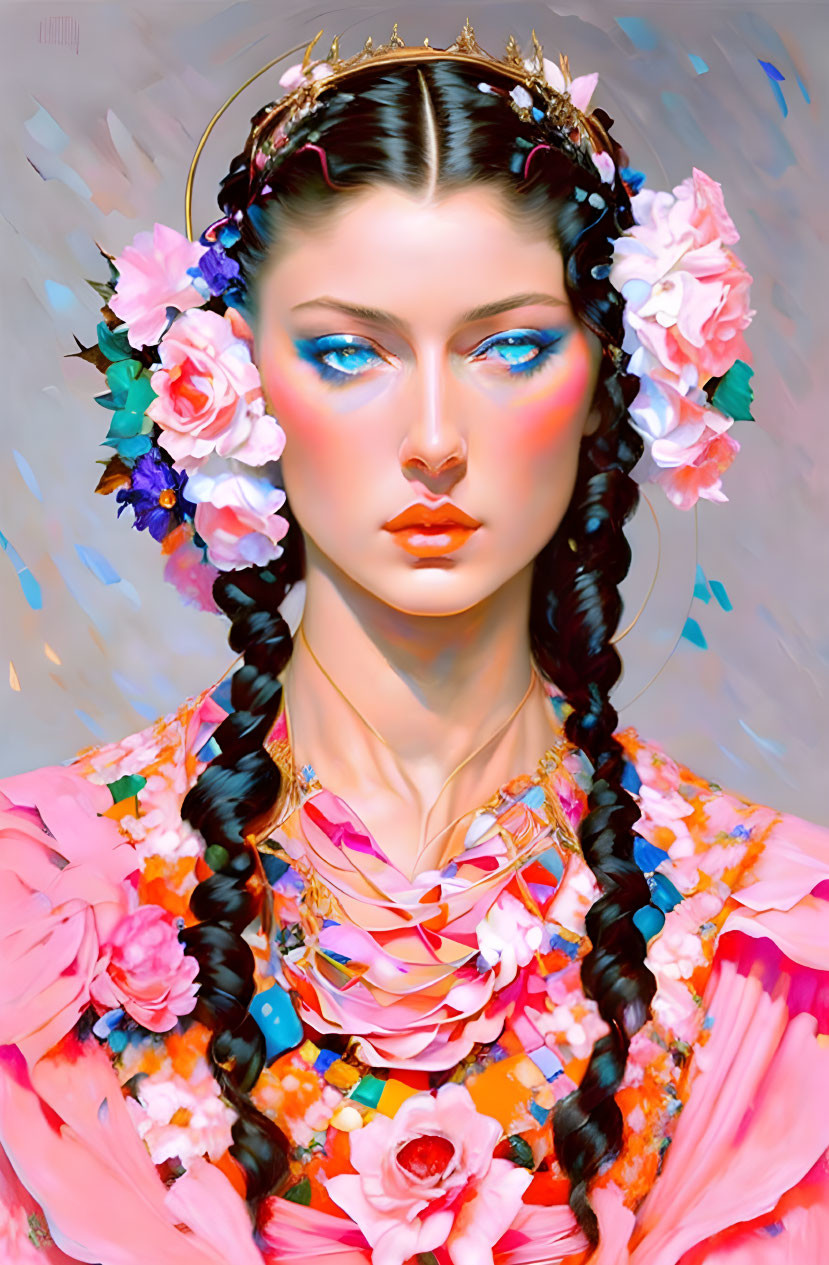 Portrait of woman with striking blue eyes and floral headpiece, intricate braids, colorful outfit