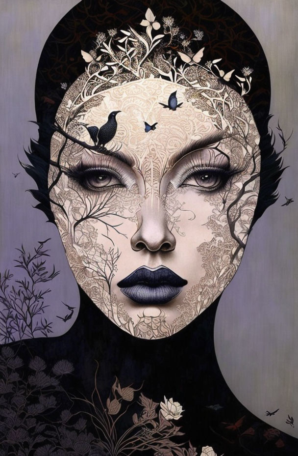 Woman's face merged with nature: intricate patterns, florals, birds - blending human form with natural