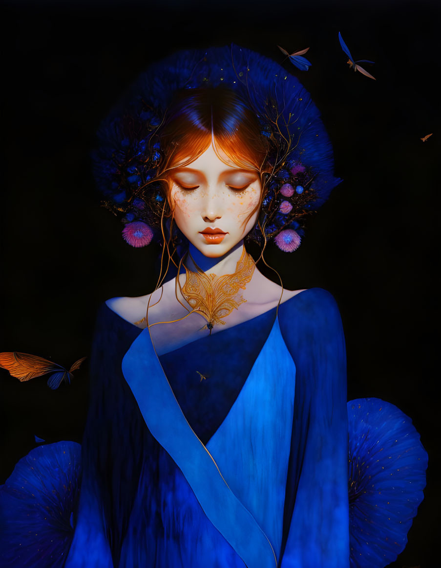 Ethereal digital artwork: luminous woman in blue gown with butterflies and gold jewelry