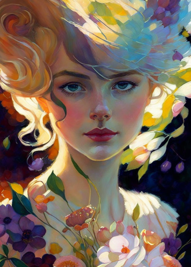 Woman portrait with golden hair among vibrant flowers and leaves