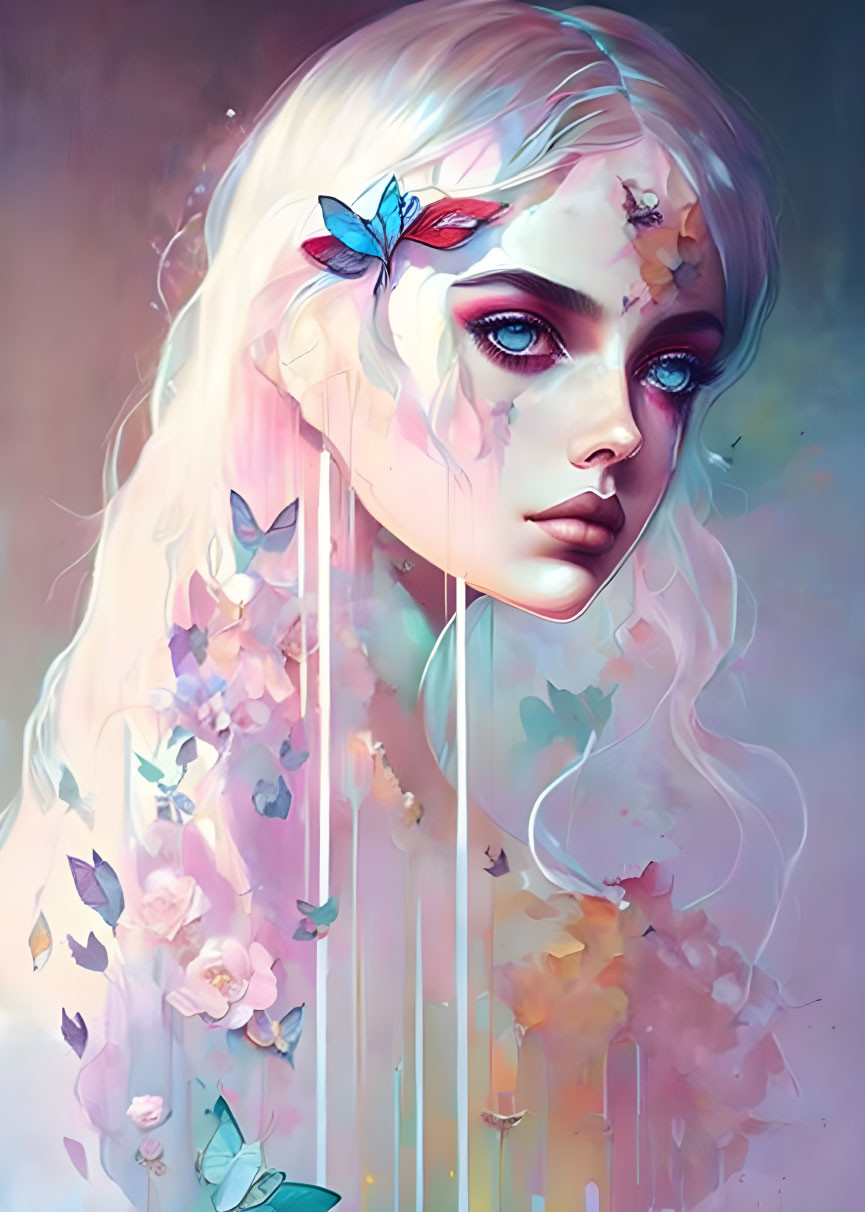 Digital artwork: Woman with pale skin, white hair, petals, butterflies on pastel background