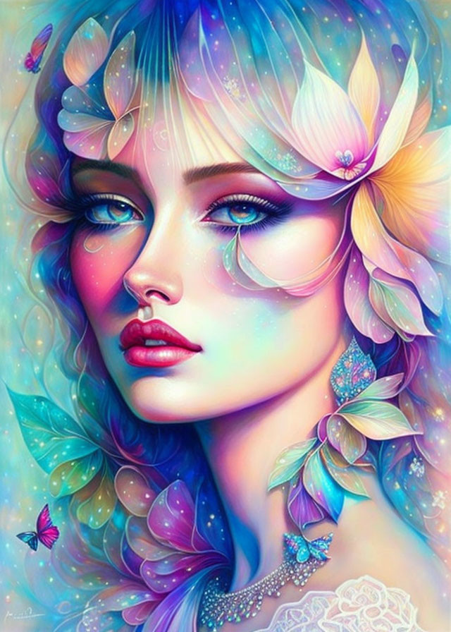 Colorful woman portrait with blue eyes and floral motifs in dreamy setting