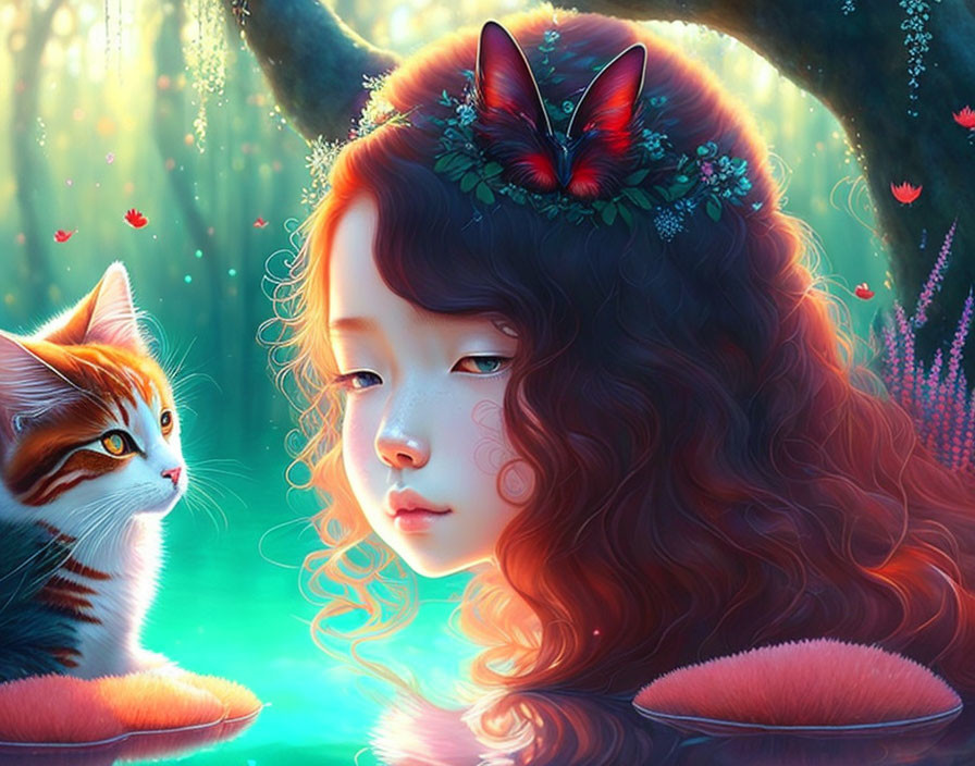 Girl with floral headband and butterfly next to cat in vibrant enchanted forest