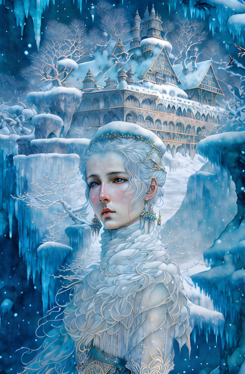 Pale-skinned woman with white hair in front of frosty castle and icy trees under blue sky