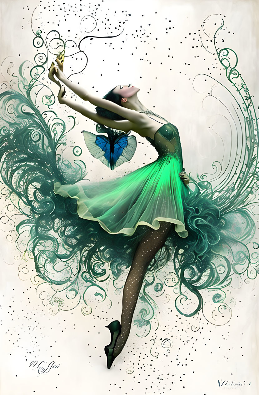 Graceful dancer with green dress and butterfly wings in intricate swirl patterns