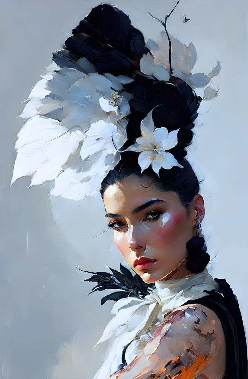 Detailed digital painting of woman with dark hair, white feathers, and flowers in elegant attire