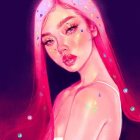 Digital Art Portrait: Woman with Pink Wavy Hair and Moon on Forehead