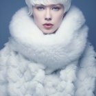 Woman in Floral Headscarf & White Coat on Blue Background