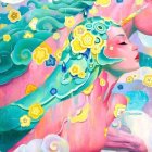 Illustration: Woman with floral hair and water skin in dreamlike setting