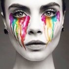 Symmetrical portrait of woman with colorful tears and detailed facial features