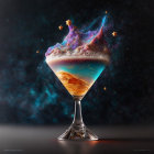 Cosmic-themed cocktail with orange slice and swirling mist on starry space backdrop