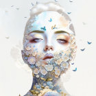 Woman's Face with Flowers and Butterflies in Disintegration Theme