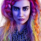 Colorful digital portrait of a woman with curly hair in pink, purple, orange, and blue hues