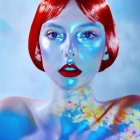 Digital artwork: Woman with red hair and blue skin in a dreamlike setting.