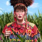 Intricate hair and ornate headpiece on woman in vibrant floral blouse