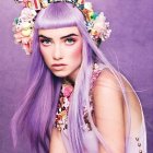 Woman with Purple Hair and Floral Crown in Soft Pastel Colors