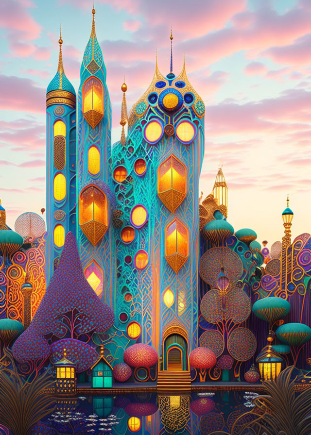 Fantasy palace illustration with ornate spires and whimsical trees