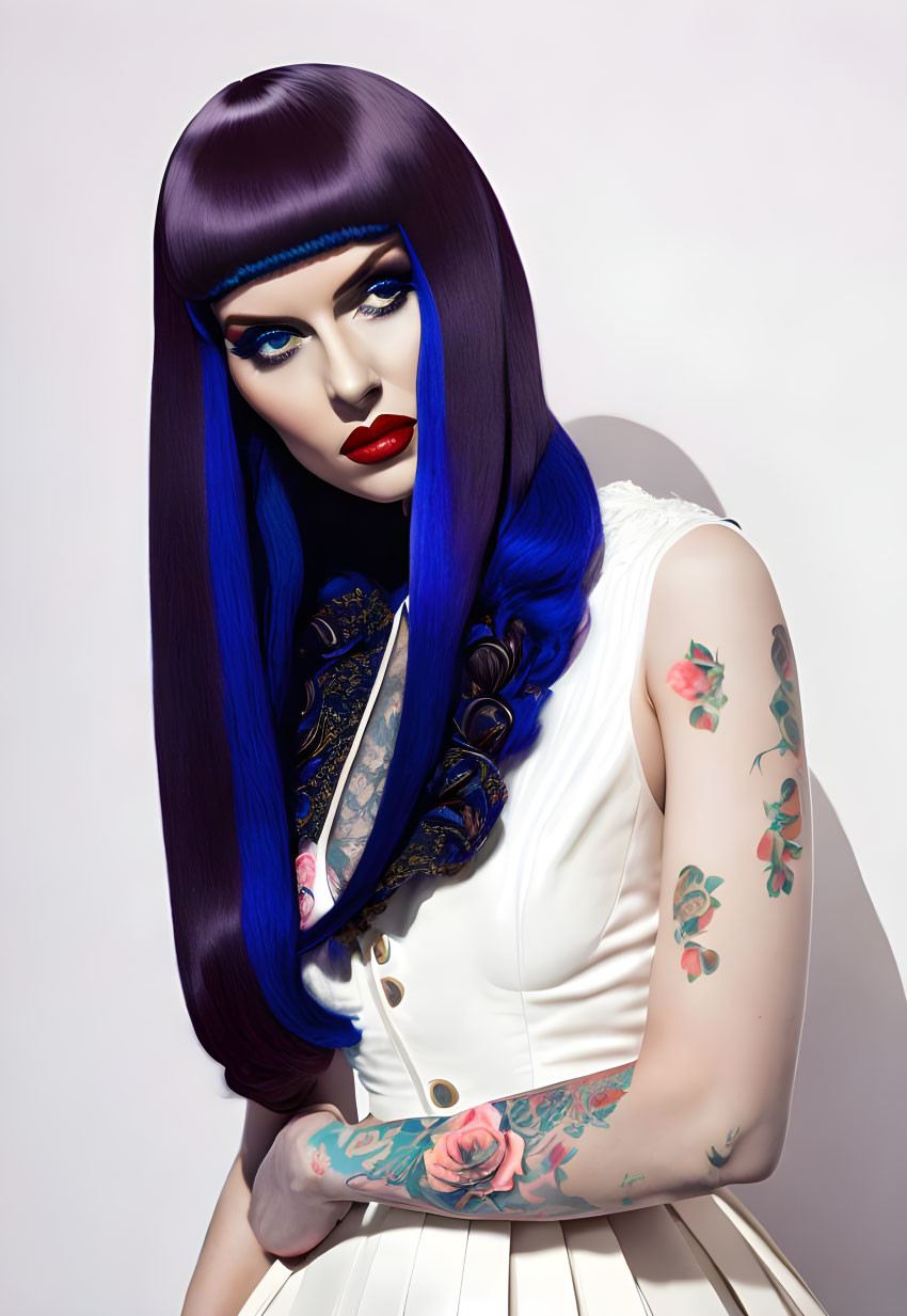 Person with Blue and Purple Hair, Blue Eye Makeup, Rose Tattoos, White Dress, and Scar