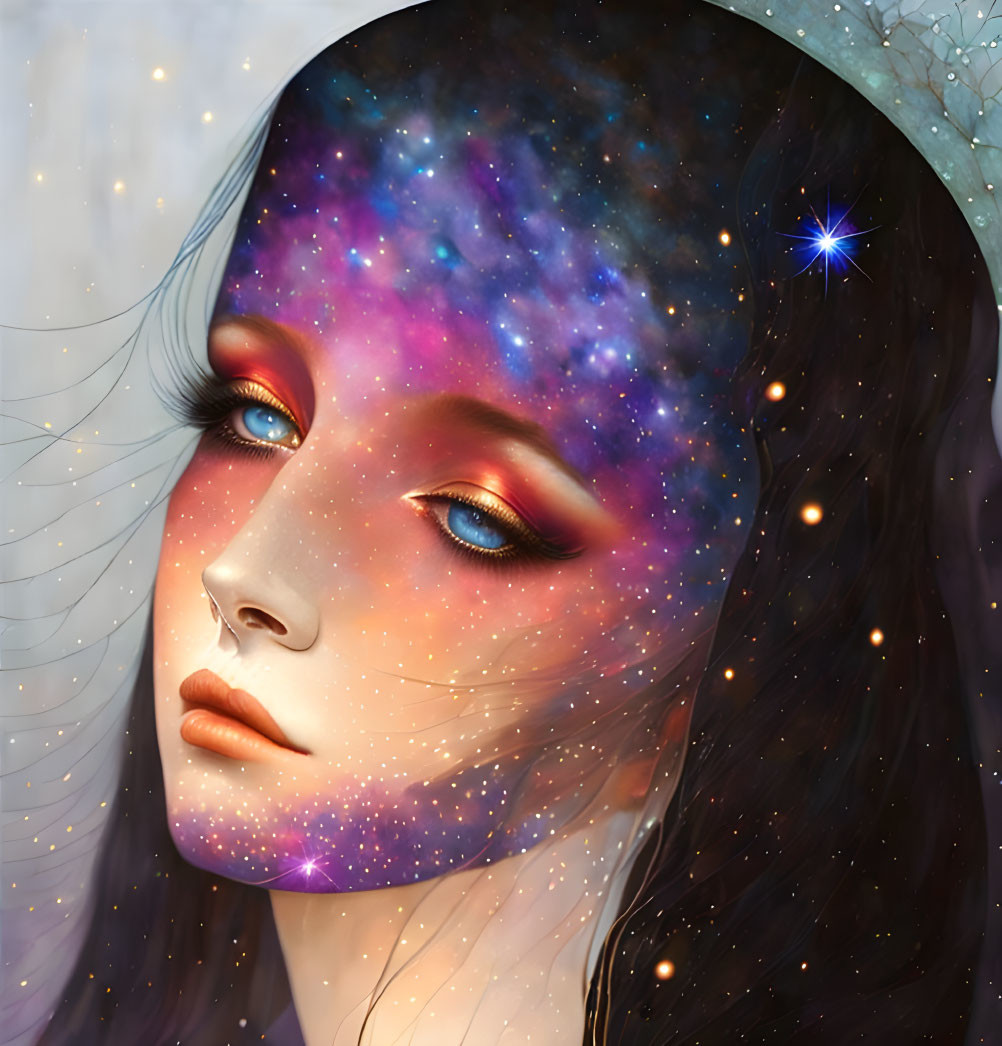 Galaxy-themed digital artwork of a woman's face