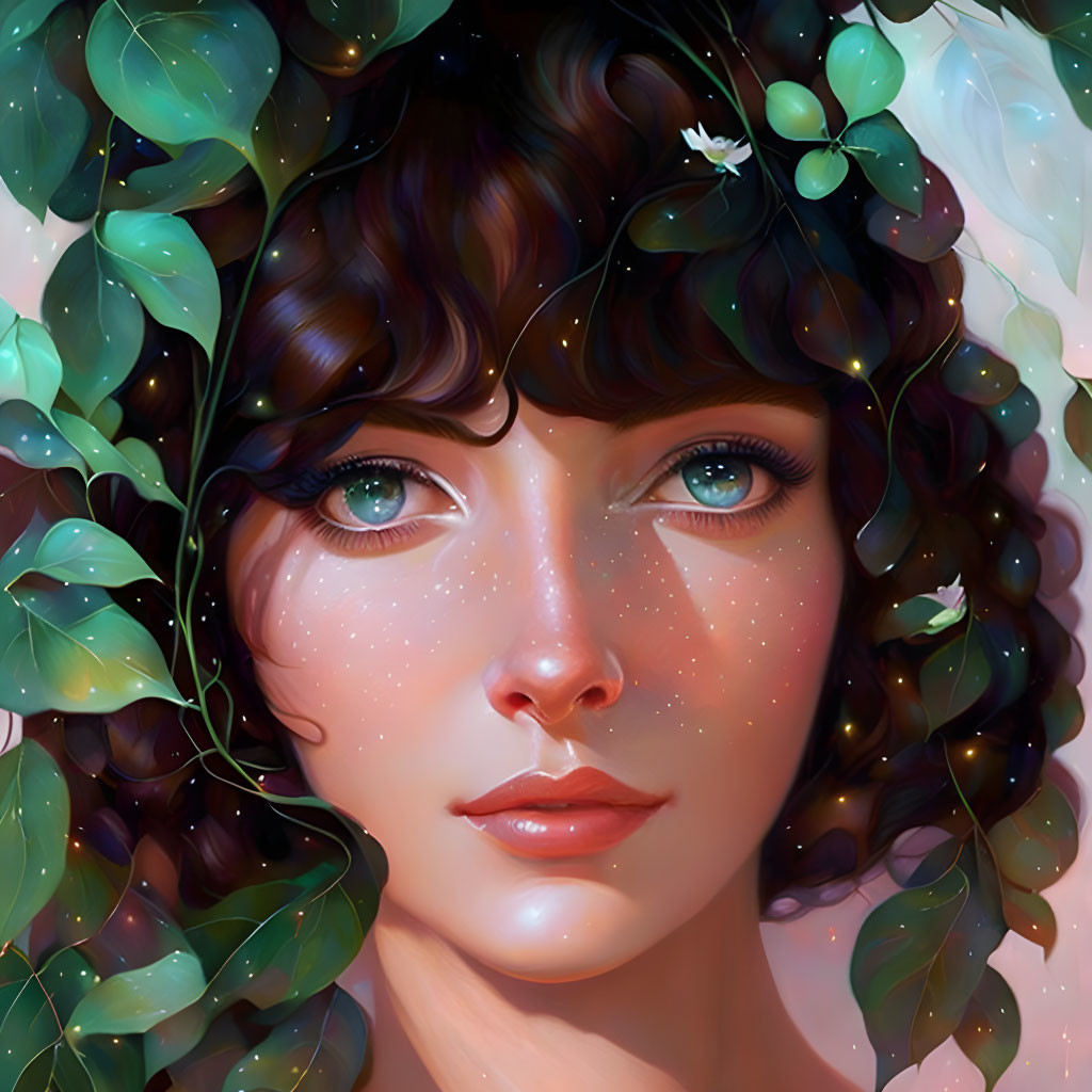 Digital art portrait of woman with emerald eyes in lush green setting