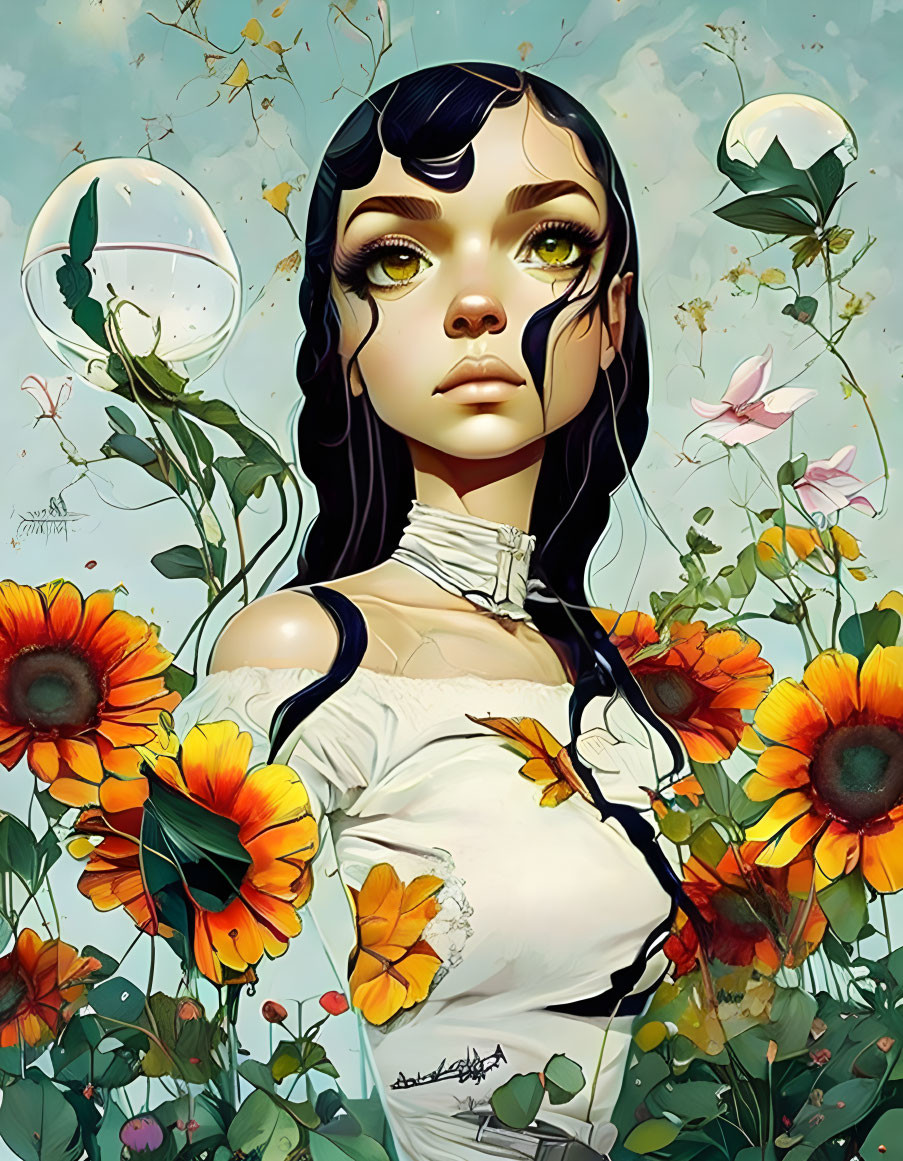 Stylized digital artwork: Young woman, sunflowers, butterflies, blue sky