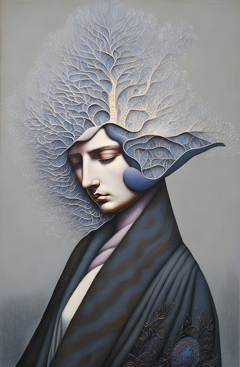 Intricate surreal portrait with tree-like hair and patterns