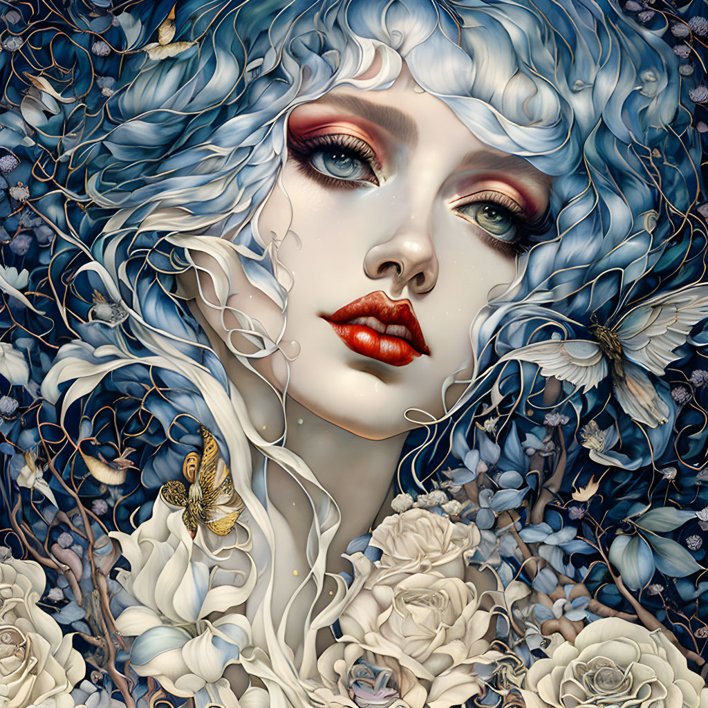 Surreal portrait of woman with blue curly hair among white flowers, leaves, and butterfly in blue