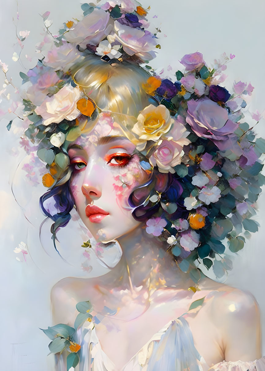 Surreal portrait of woman with elaborate floral headdress