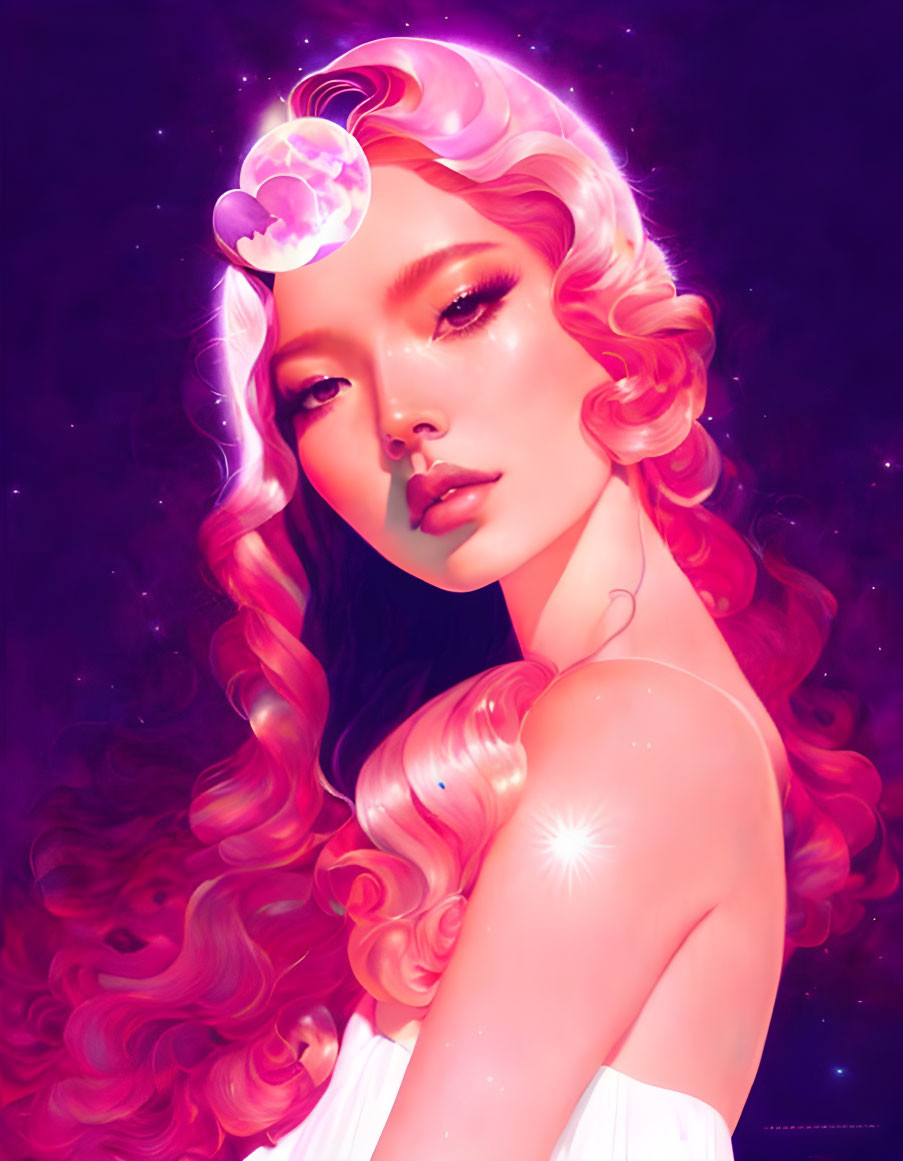 Digital Art Portrait: Woman with Pink Wavy Hair and Moon on Forehead