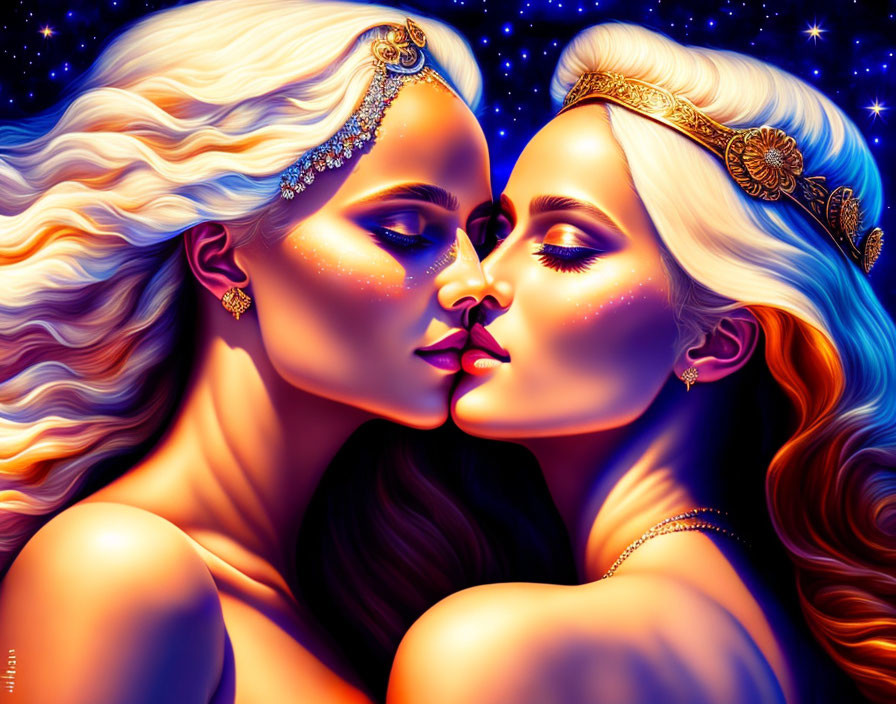 Illustrated women with golden headpieces touching foreheads under starry night.