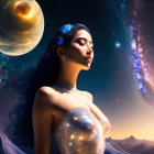 Serene woman in sparkling attire against cosmic backdrop