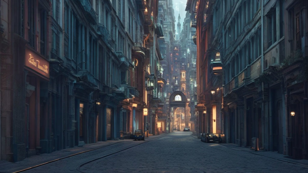 Vintage architecture and glowing streetlights on a city street at dusk