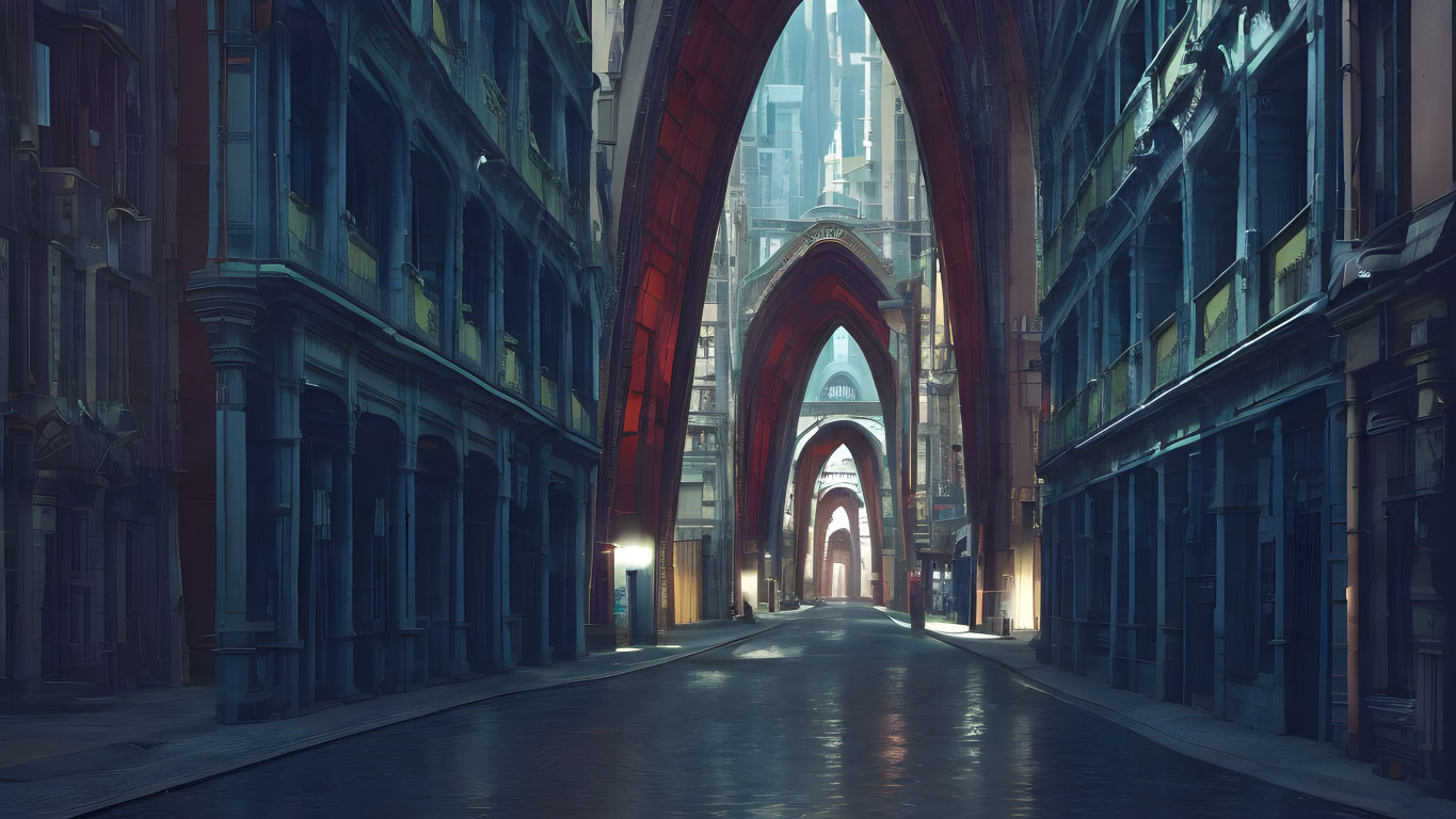 Gothic-style arches in urban alley under soft blue light