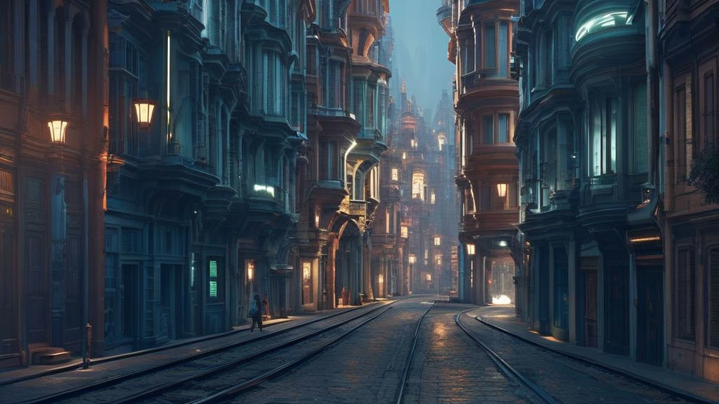 Empty old-fashioned street with Victorian buildings and tram tracks at night