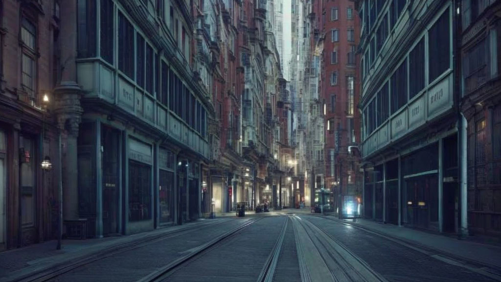 Vintage architecture and tram tracks in deserted urban street at dusk