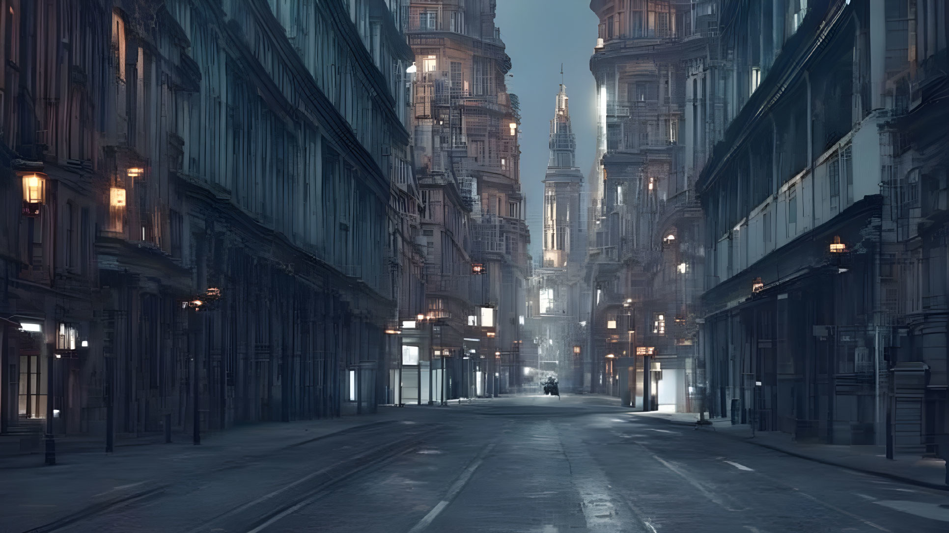 Twilight urban street with classic architecture and distant illuminated building