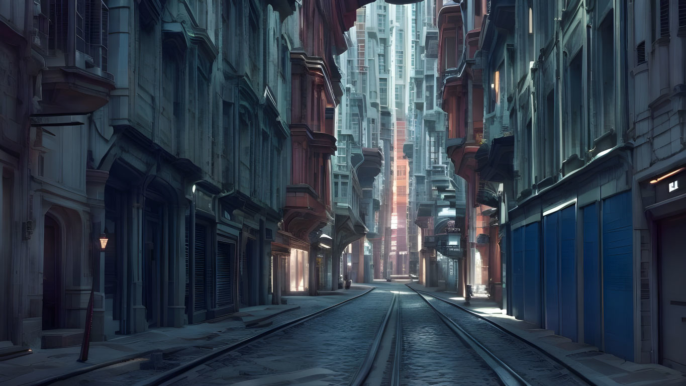 Futuristic city alley with tall buildings and tram rails