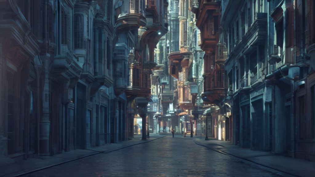 Futuristic city alley with towering buildings at dusk.