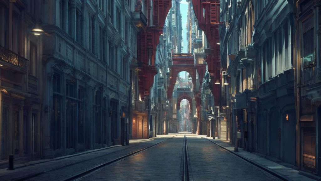 Desolate urban street with Gothic architecture and tram tracks.