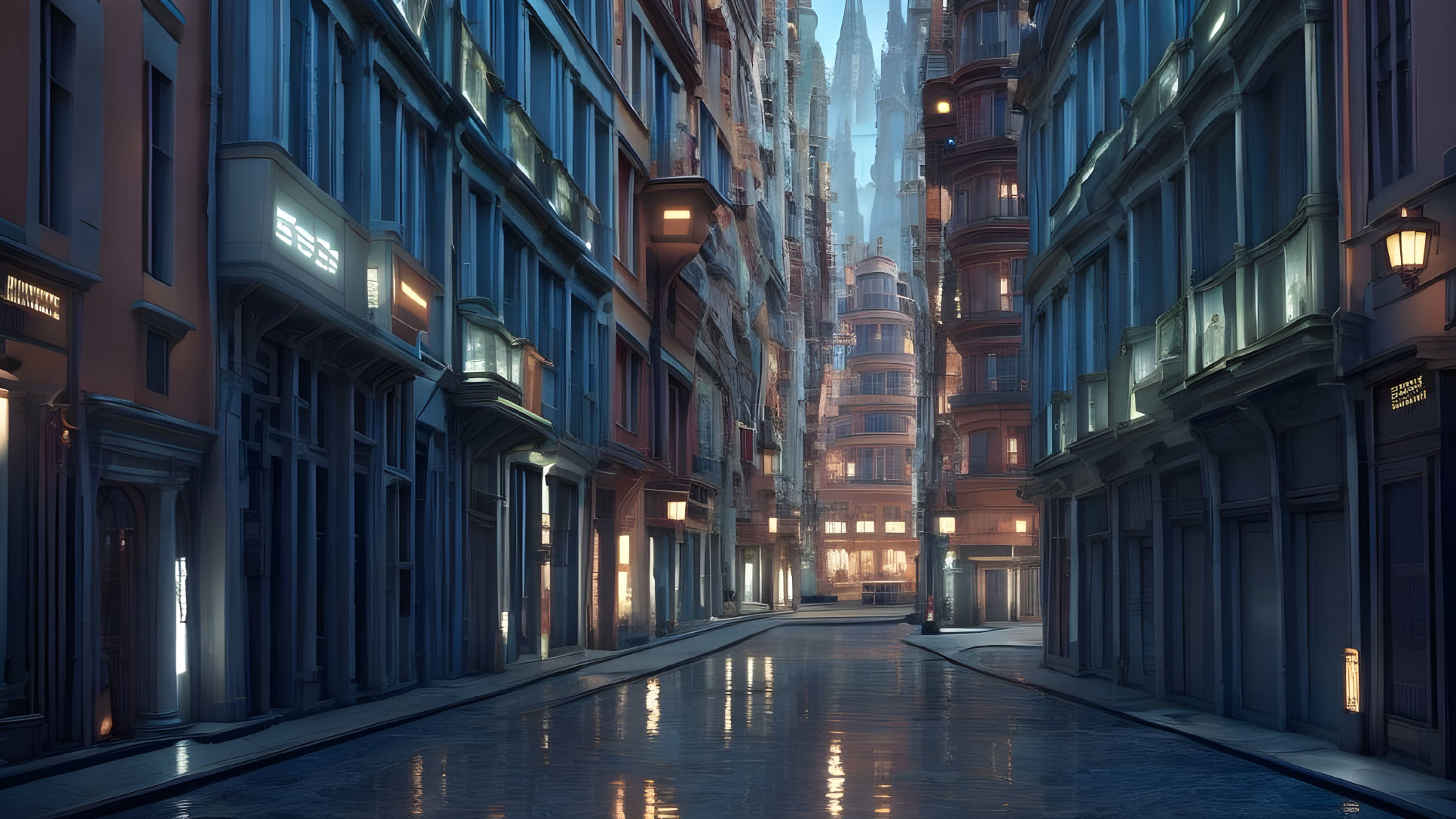 Colorful Buildings and Gothic Cathedral in Serene Alley at Dawn or Dusk