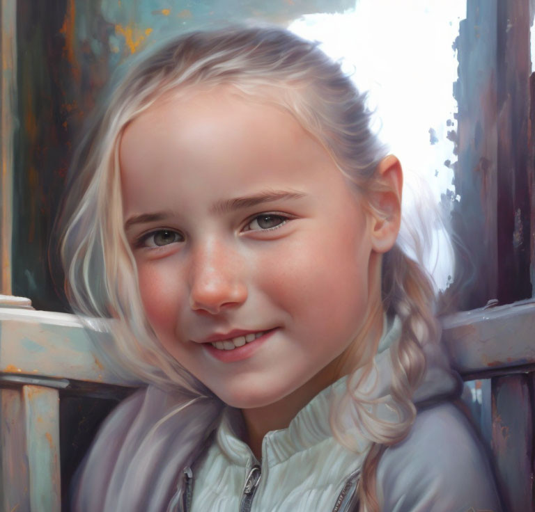 Smiling young girl with braided hair and blue eyes in rustic setting