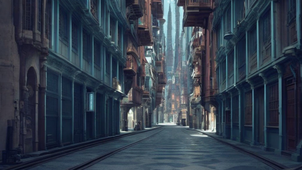 Deserted alley with weathered buildings and tram track.