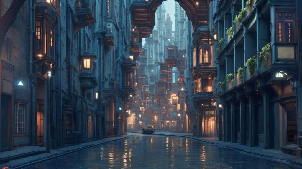 Gothic architecture on serene city street at dusk